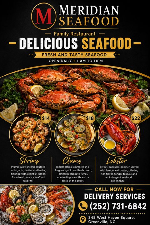 Black flyer with gold text and accents. Large photo of cooked crabs. Three smaller circular photos of shrimp, clams, and lobster with prices and descriptions. Delivery phone number and address at the bottom.