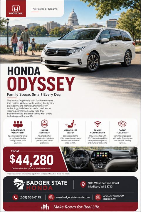A car dealership flyer featuring a white minivan, bold red text, five feature icons, a price block, an interior dashboard photo, and dealership contact information at the bottom.