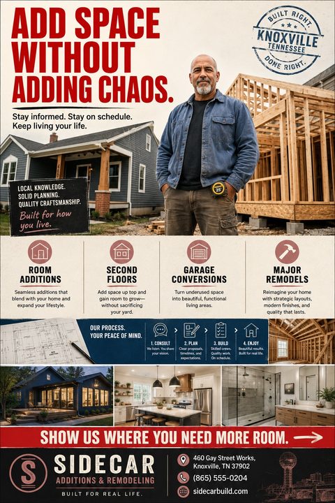 A flyer for a remodeling company featuring a bold red headline, a portrait of a builder, a house under construction, service icons, a process timeline, and photos of completed home additions and interiors.