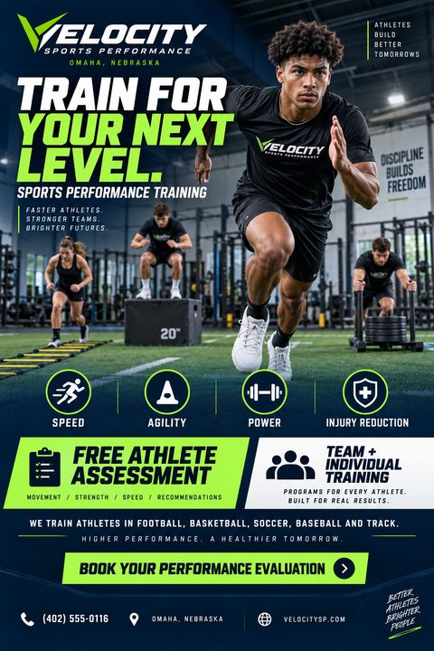 A sports performance training flyer featuring a large photo of a male athlete sprinting. Bold neon green and white text highlights speed, agility, and power training, offering a free athlete assessment.