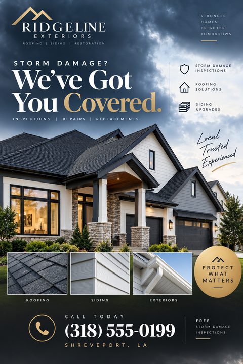 Roofing and siding flyer template with a large photo of a house under a stormy sky, three smaller photos of roofing, siding, and gutters, and text offering storm damage inspections.