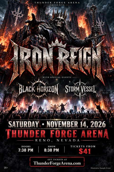 A heavy metal concert flyer featuring a menacing skeletal king figure against a fiery backdrop, with a large crowd watching a band perform on stage below. The text includes the band name 'Iron Reign' and event details.