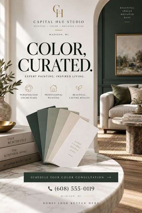 Elegant flyer for a painting studio featuring a fan of paint swatches on a marble table in a beautifully decorated living room. Text reads 'Color, Curated. Expert Painting. Inspired Living.'