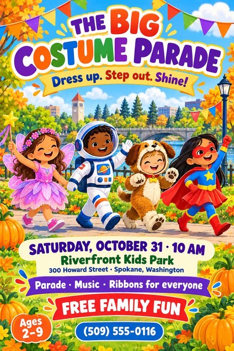 Brightly illustrated flyer for a kids costume parade featuring four diverse cartoon children dressed as a fairy, astronaut, dog, and superhero walking through an autumn park with pumpkins.