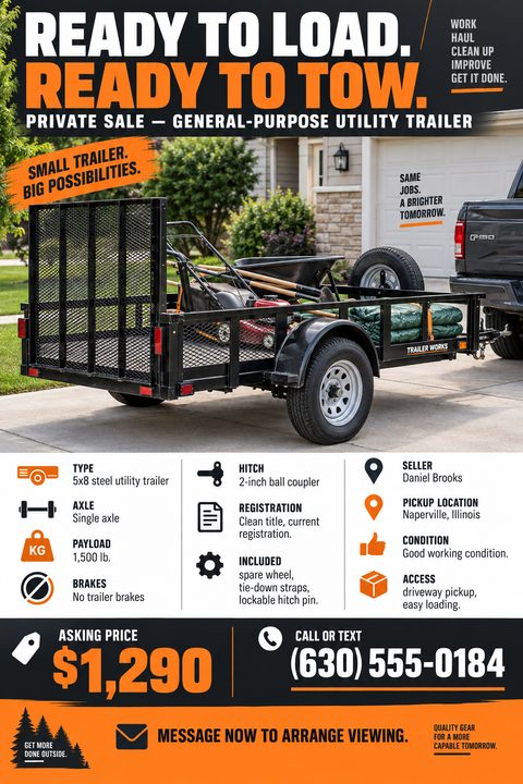 Flyer for a private sale of a general-purpose utility trailer. The top half features a large photo of a black utility trailer loaded with yard tools, parked in a driveway. The headline reads 'Ready to load. Ready to tow.' in large white and orange.