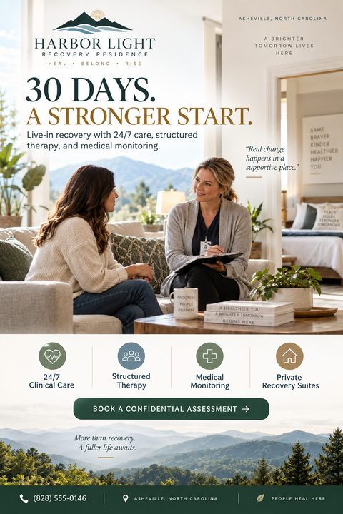 A calming medical flyer featuring a therapist and patient talking in a cozy room, earthy green and gold tones, service icons, and a serene mountain landscape.
