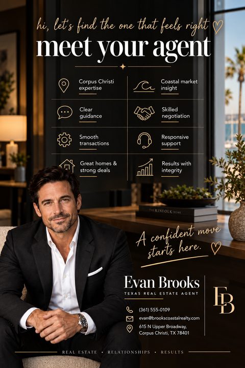 A dark-themed real estate flyer titled 'meet your agent'. It features a large photo of a male agent in a suit, a grid of icons highlighting his expertise, and his contact information at the bottom.