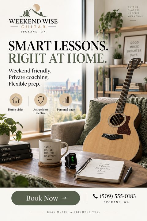 Flyer for guitar lessons featuring an acoustic guitar resting on a sofa in a cozy living room, with a coffee mug, notebook, and tuner on a wooden table in the foreground.