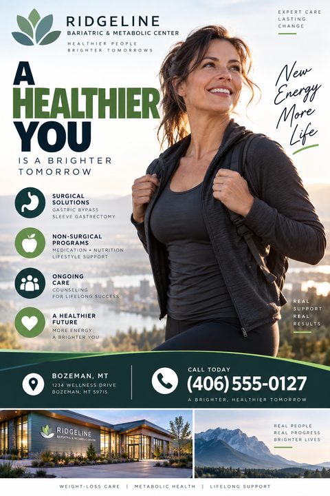 A weight loss clinic flyer featuring a smiling woman hiking. The design uses dark green and navy text, with icons listing surgical and non-surgical programs. Bottom photos show a modern clinic building and mountains.