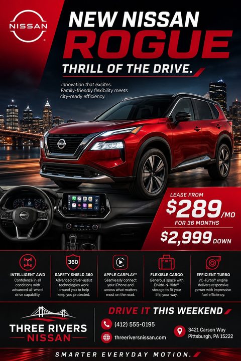 Car dealership flyer featuring a red SUV driving at night with a city skyline in the background. Includes an interior dashboard shot, lease pricing, and icons highlighting vehicle features.