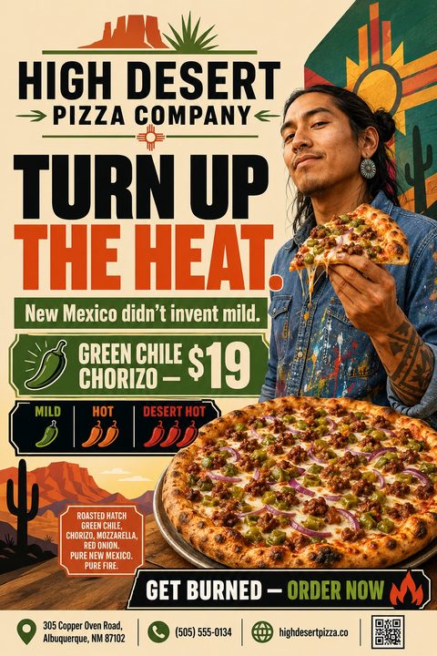 A pizza promotion flyer with a Southwestern desert theme. It features a man holding a slice of green chile chorizo pizza, a large whole pizza, a heat scale, and desert landscape graphics.