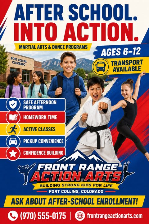 Flyer for an after-school program featuring photos of kids, a boy in a karate uniform, and a girl dancing. Text reads 'After School. Into Action. Martial Arts & Dance Programs'.