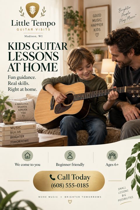 Flyer for kids guitar lessons at home. Features a photo of a man teaching a young boy to play acoustic guitar in a living room. Includes icons for 'we come to you', 'beginner friendly', and 'ages 6+'.