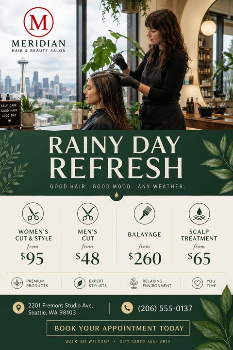 A hair salon flyer featuring a photo of a stylist coloring a client's hair. Below, a dark green banner reads 'Rainy Day Refresh' above a cream section listing services, prices, and botanical illustrations.