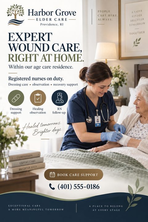 A flyer for Harbor Grove Elder Care in Providence, RI, advertising expert wound care right at home. A photo shows a nurse bandaging an elderly woman's arm in a bedroom.