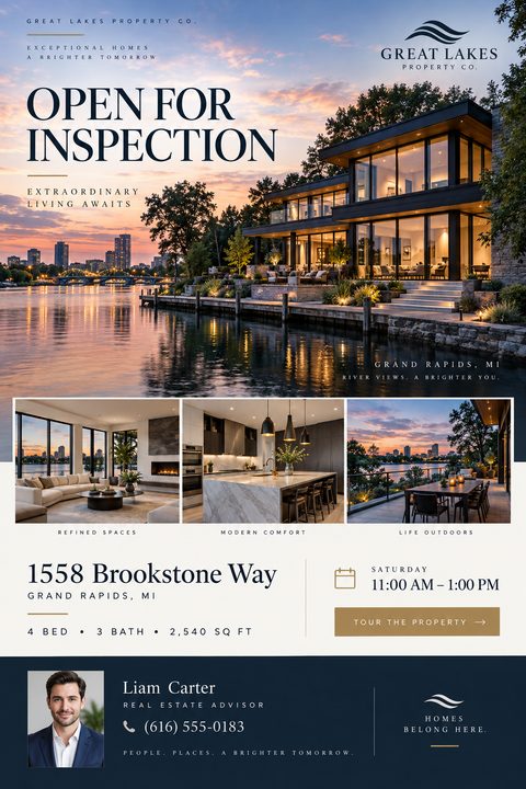 Real estate open house flyer featuring a large sunset photo of a modern waterfront home, three smaller interior photos, property details, and agent contact information on a navy and cream background.