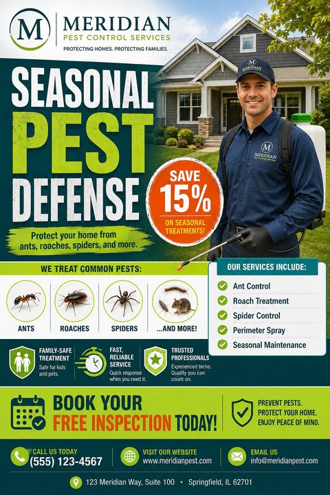 A pest control flyer titled 'Seasonal Pest Defense' with a 15% off badge. It shows a smiling exterminator in front of a house, icons of common pests, a list of services, and contact details.
