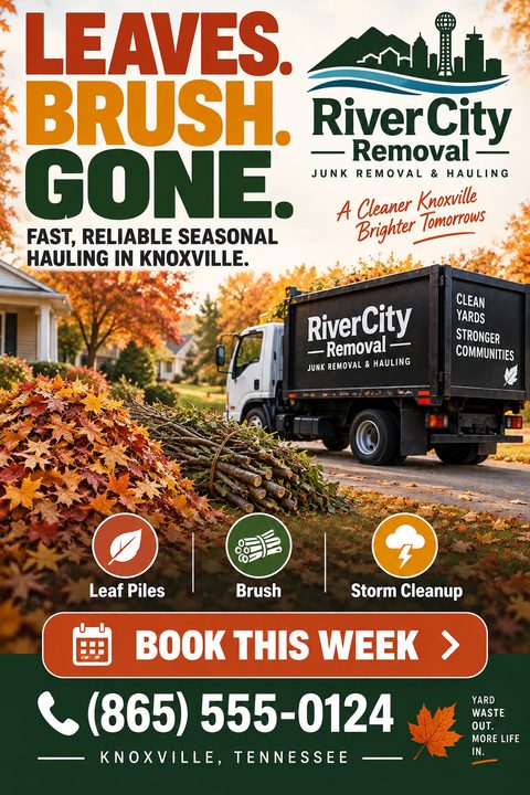 A junk removal flyer featuring a black hauling truck parked next to a large pile of autumn leaves and brush. Bold text reads 'LEAVES. BRUSH. GONE.' with service icons below.