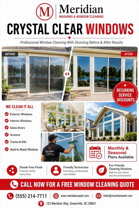 A window cleaning service flyer featuring a large before-and-after photo of sliding glass doors. Below are smaller photos of a sunroom, a house exterior, and a worker cleaning a window, alongside a service checklist and contact details in red and.