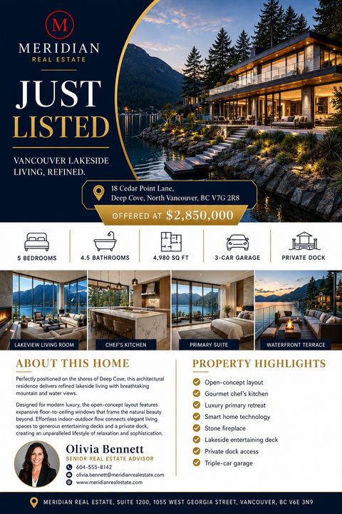 A luxury real estate just-listed flyer featuring a large lakeside home photo, four smaller interior shots, property icons, agent headshot, and text in a sophisticated navy blue and gold color scheme.