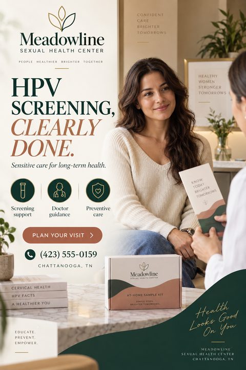 A flyer for a sexual health center promoting HPV screening. It features a photo of a woman consulting with a healthcare professional, with text highlighting screening support, doctor guidance, and preventive care. The design uses earthy tones of.