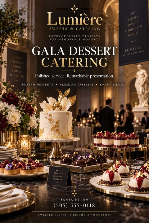 A luxurious dessert catering flyer featuring a lavish spread of cakes, tarts, and pastries on a marble table at a formal gala event. Elegant gold and white typography overlays the dark, sophisticated background.
