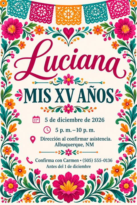 A quinceañera invitation flyer with a cream background, framed by vibrant pink and orange flowers and green leaves. At the top are colorful papel picado banners. The text reads 'Luciana MIS XV AÑOS' with event details below.