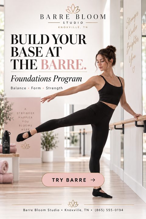 Flyer for Barre Bloom Studio featuring a woman in black workout gear doing a barre pose in a bright studio. Text reads 'Build Your Base At The Barre. Foundations Program.'