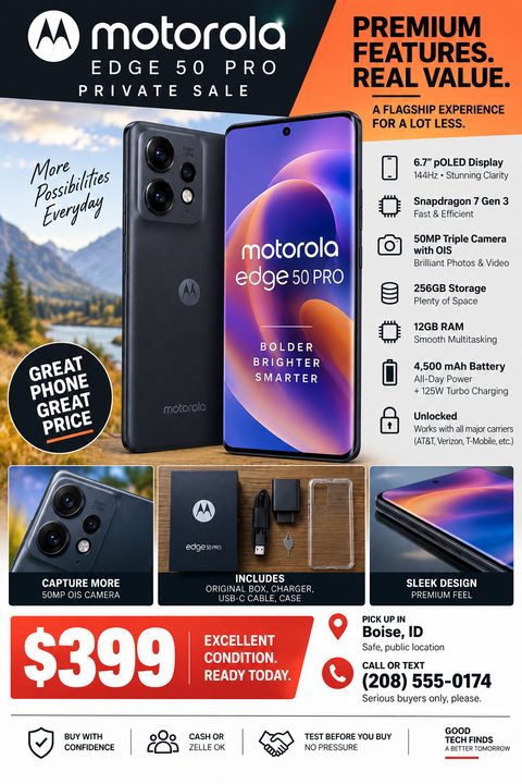 A flyer advertising a private sale for a smartphone. It features a large image of the phone, a list of premium features with icons, smaller photos showing the camera, included accessories, and sleek design, plus a bold price of $399 and contact.