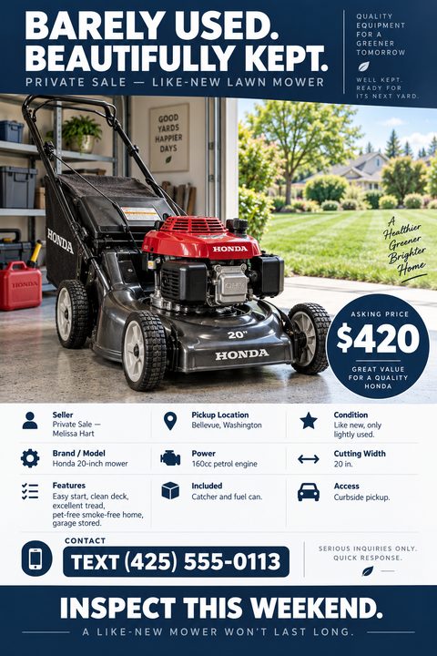 Flyer for a private sale of a lawn mower. A large photo shows a Honda mower in a garage. Text reads 'Barely Used. Beautifully Kept.' A grid below lists seller, location, condition, brand, power, cutting width, features, included items, and access. A.