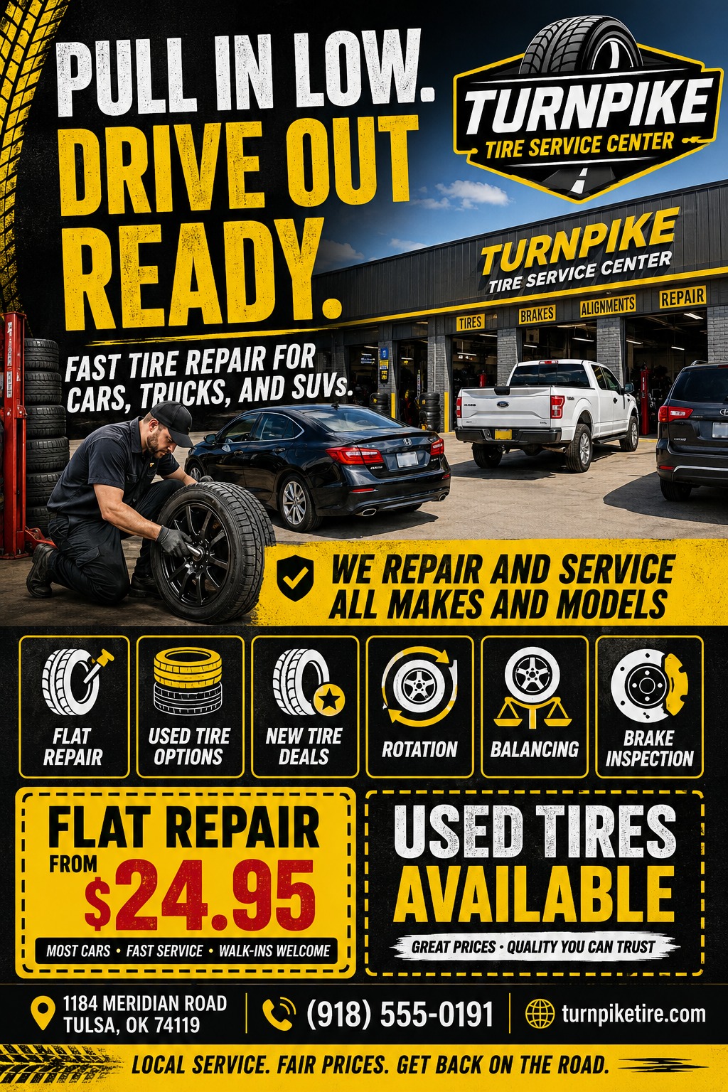 A bold black and yellow flyer for a tire service center. It features a mechanic changing a tire, large promotional text, service icons, and a special price offer for flat repairs.