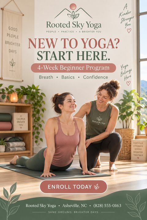 A flyer for a beginner yoga program featuring a photo of an instructor assisting a student in a bright, plant-filled studio. The design uses earthy green and soft terracotta colors.