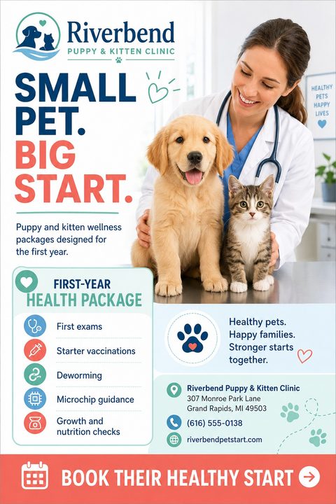 A veterinary clinic flyer featuring a smiling female vet with a golden retriever puppy and a tabby kitten. It lists a first-year health package with icons for exams, vaccinations, deworming, and microchipping.