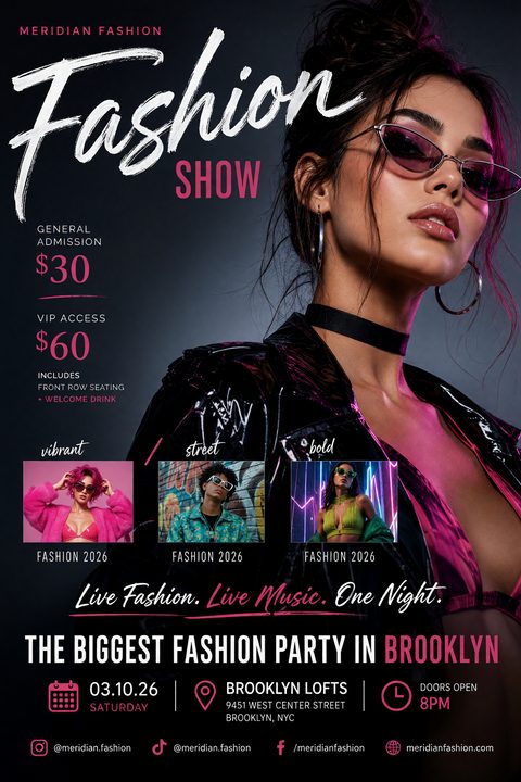 A fashion show flyer featuring a large photo of a model in sunglasses and a leather jacket, with neon pink accents. Text includes 'Fashion Show', ticket prices, and event details. Three smaller photos show different fashion styles.