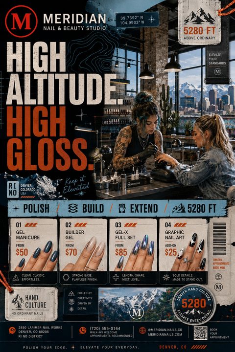 Nail studio flyer with a rugged, mountain theme. Top half shows a tattooed nail tech working on a client in an industrial salon with mountain views. Bottom half lists prices for gel manicure, builder gel, gel-x full set, and graphic nail art with.