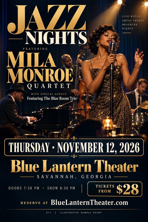 Elegant concert flyer featuring a female jazz singer in a gold dress performing with a band. The design uses deep navy backgrounds with sophisticated gold typography for event details and ticketing.