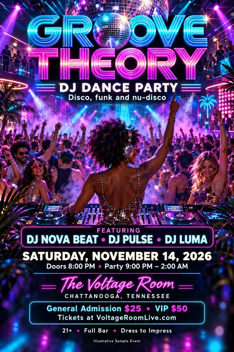 A vibrant neon flyer for a DJ dance party featuring a female DJ from behind at a mixing desk, facing a large energetic crowd under a glowing disco ball. Text is in bright neon pink and blue.