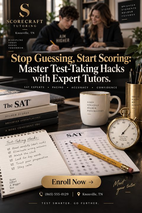 A sophisticated tutoring flyer with a dark background and gold text. It features a tutor helping a student, SAT prep books, a stopwatch, a coffee mug, and a notebook listing test-taking hacks alongside a bubble sheet.