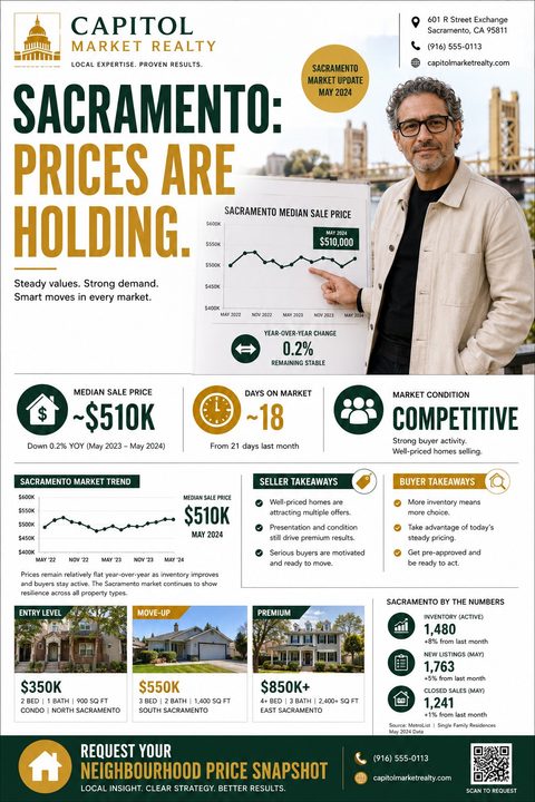 A real estate market update flyer featuring a realtor holding a chart, key statistics with icons, market trend graphs, seller and buyer takeaways, and examples of entry-level, move-up, and premium homes.