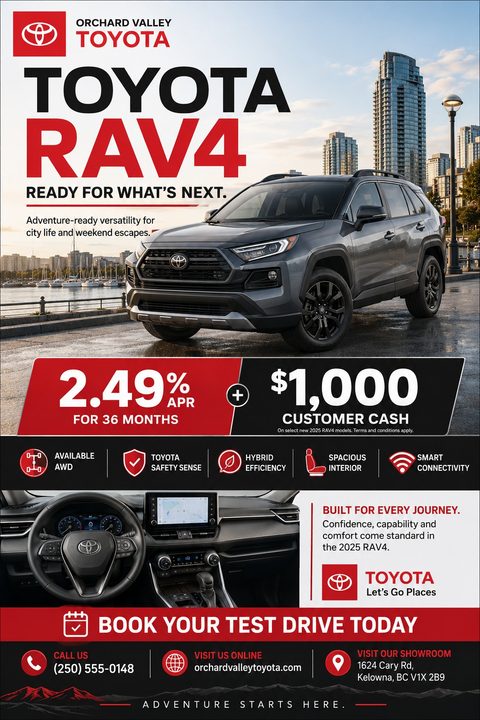 A car dealership flyer featuring a large grey SUV parked by a waterfront city skyline. Bold red text highlights financing rates and cash offers, with an interior dashboard photo and feature icons below.