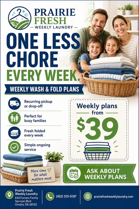 A blue and green laundry service flyer featuring a happy family holding a laundry basket. It includes bulleted service icons, a dashed pricing box, and a green ribbon banner for contact details.