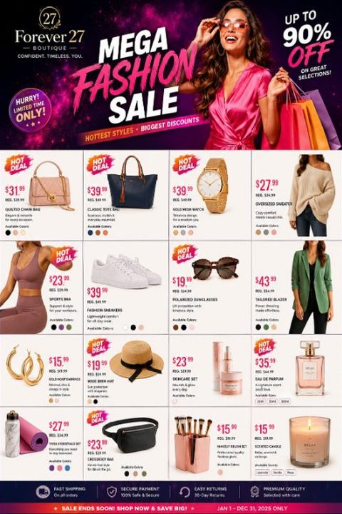 A fashion sale flyer with a sparkling pink and purple header featuring a woman holding shopping bags. Below, a clean grid displays sixteen products with prices and details.