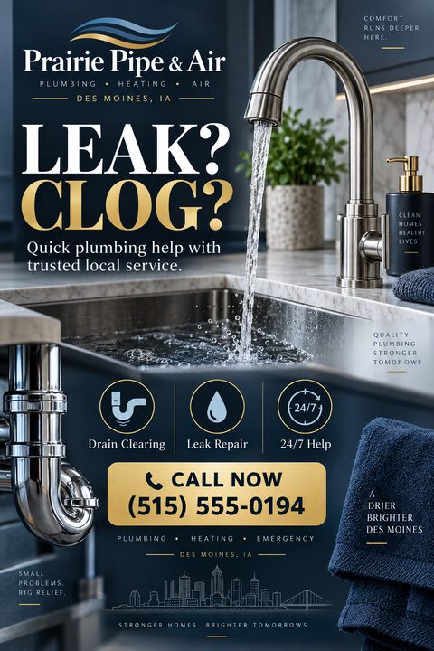 A flyer for a plumbing company with a navy blue background and gold accents. The main image shows a kitchen sink with water running from the faucet. Text reads 'LEAK? CLOG? Quick plumbing help with trusted local service.'