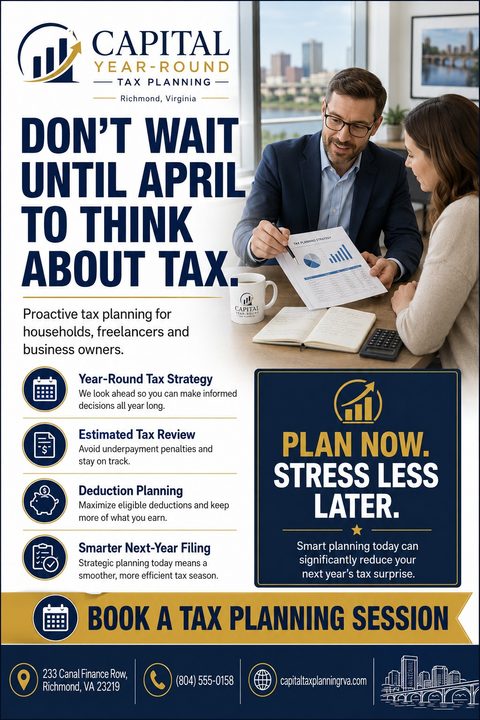 A professional tax planning flyer with a navy blue and gold color scheme. It features a photo of an accountant reviewing documents with a client, a list of services with icons, and contact information.