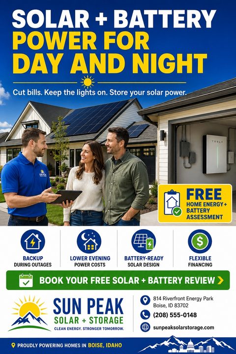 A solar installer talks to a couple outside a home with roof panels and a garage battery. The flyer features bold blue and yellow text, benefit icons, and a green booking button.