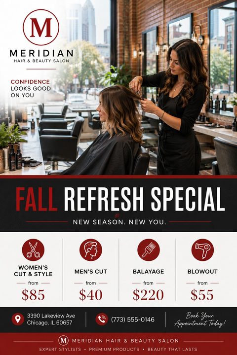 A hair salon flyer featuring a photo of a stylist cutting a woman's hair. Below, a bold red and black section highlights a Fall Refresh Special with icons and prices for various hair services.
