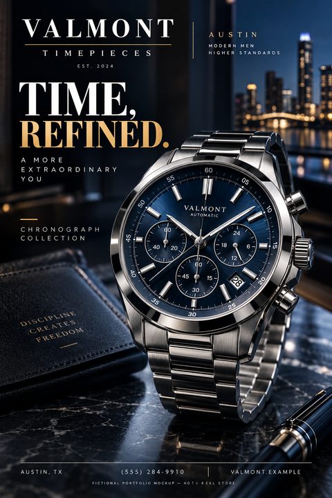 A luxury watch flyer featuring a large, detailed image of a silver chronograph watch with a blue dial resting on a dark marble surface. The background shows a blurred city skyline at night. Text reads 'Time, Refined.' in elegant serif and sans-serif.