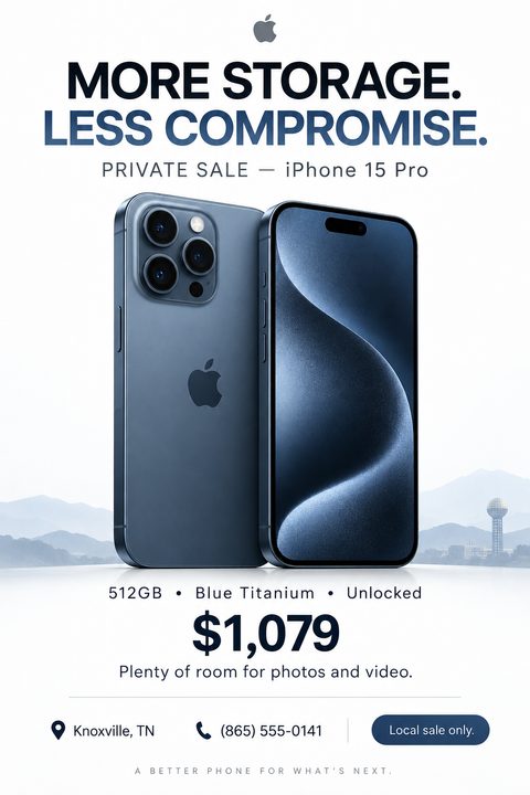 A clean, modern private sale flyer featuring two blue smartphones against a faint mountain backdrop. Bold text highlights the price and specs, with contact details at the bottom.