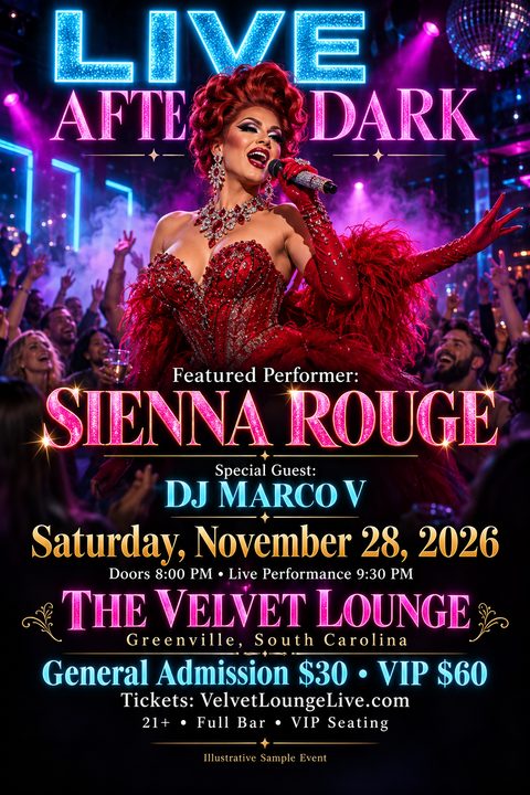 A vibrant club flyer featuring a performer in a red sequined dress and feather boa singing into a microphone. Neon blue and pink glitter text highlights the event details against a crowded nightclub background.