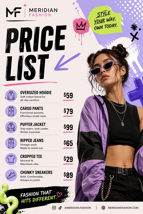 A fashion price list flyer featuring a model in a purple jacket and sunglasses. The design includes grunge elements, paint splatters, bold black text, and a list of clothing items with prices.